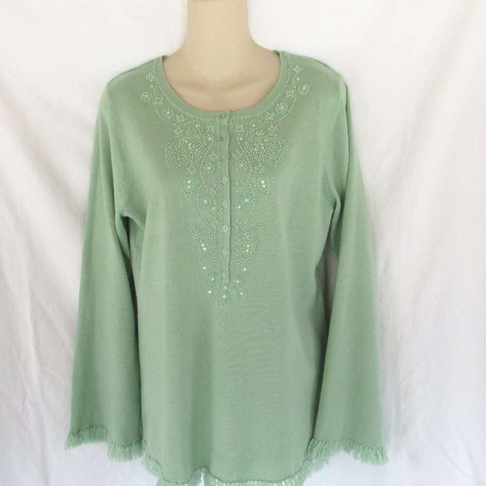 Chadwick's Boston sweater Small green embellished fringe beads faux cardi